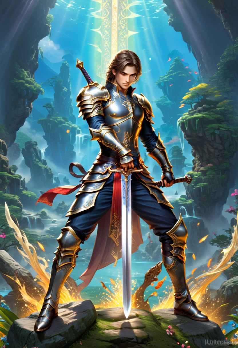 Sworasman, with sword, dynamic pose, Vibrant digital artwork, delicate features, detailed background, (masterpiece, best quality, Professional, perfect composition, very aesthetic, absurdres, ultra-detailed, intricate details:1.3)