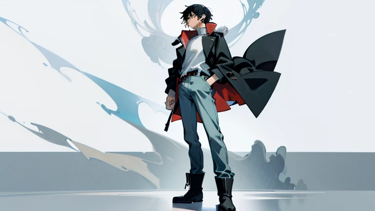 (Illustration, high resolution, best quality: 1.5, masterpiece, minimalist, simplistic detail, anime) solo: 2, teenager, fushiguro toji, shirt, high collar coat, jeans, boots, full body,