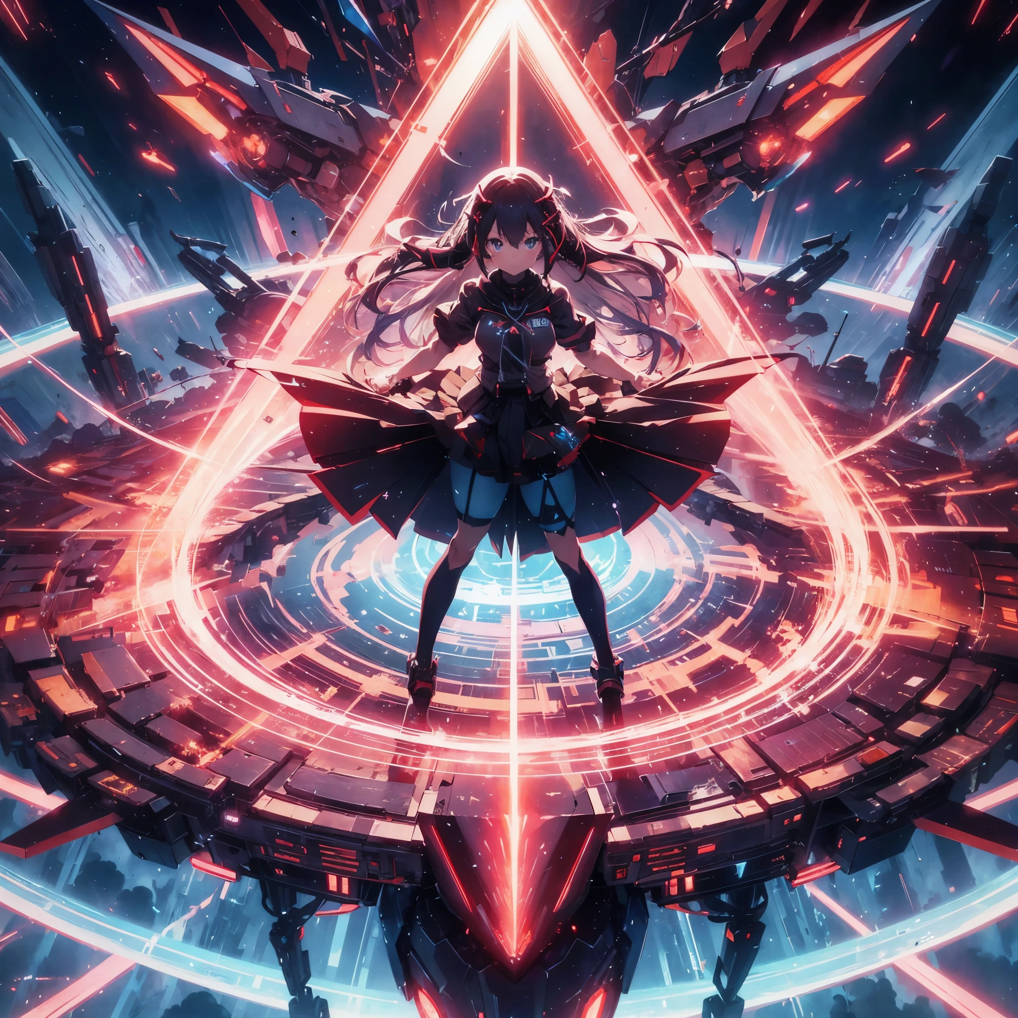 Anime style illustration of a girl surrounded by a triangular pyramid-shaped beam shield the color of the beam shield is red in aerial beam sword action. Made by FuturEvoLab, (X-ray style: 1.5), Detailed explanation, (Mecha flare type skirt: 1.5), This is a scene where a girl captures her movements. Aerial battles and performances that are dynamically composed of movement and intensity. futuristic mecha, extradimensional cyberpunk, glowing core reactor, etheric energy field,