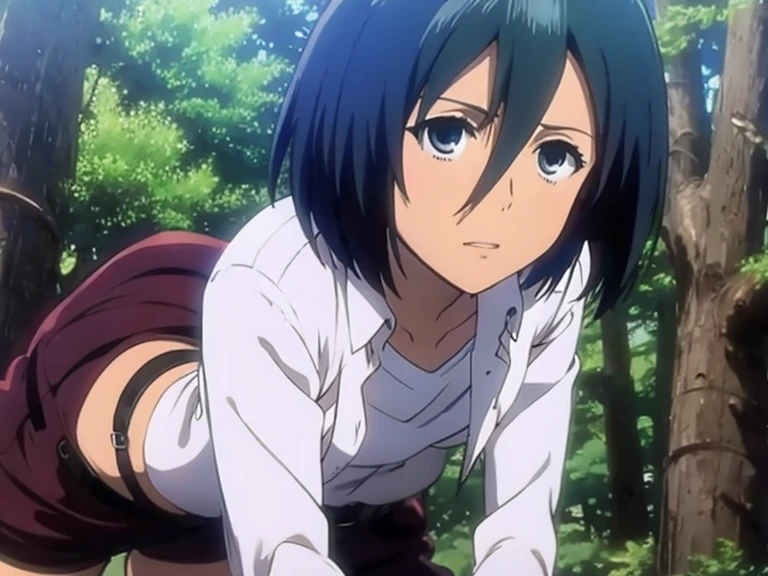 mikasa1, solo, white shirt and panties, bare legs and feet curled up, whole body, sexy pose, looking at the viewer, at the forest