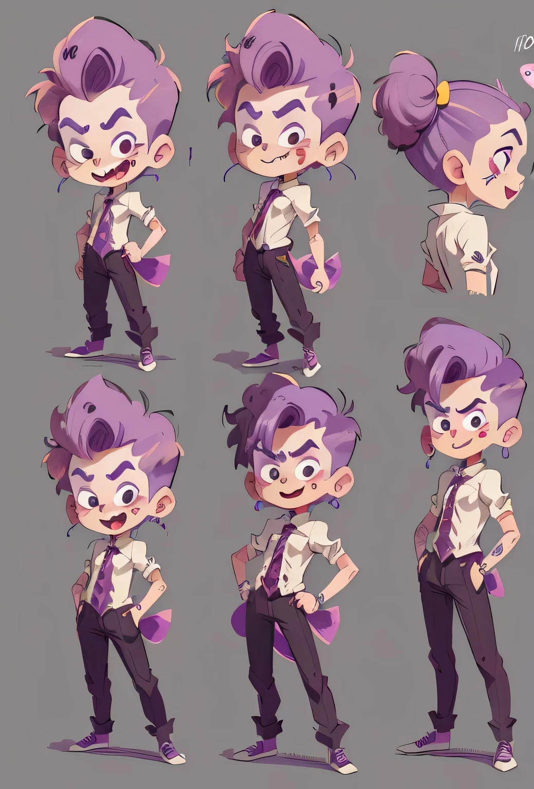 A joker character sheet,front pose,side pose,three quarter pose,back pose ,varioushead position,male,clown face with paint on skin ,red lips .circular mouth ,purple hairs,big expressive eyes,,funny,character sheet,full body turnaround,front, side back, three quarter pose ,
