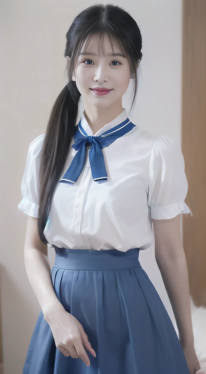 masterpiece, highest quality, High resolution, Very detailed, Detailed Background,(Fraurem Crom, (Black Hair, Semi-long hair, Blue ribbon in ponytail),(White blouse, Blue short ribbon tie, Blue long skirt), small, Neat, Iris,study, A kind smile), Scale out, Chic study, vase