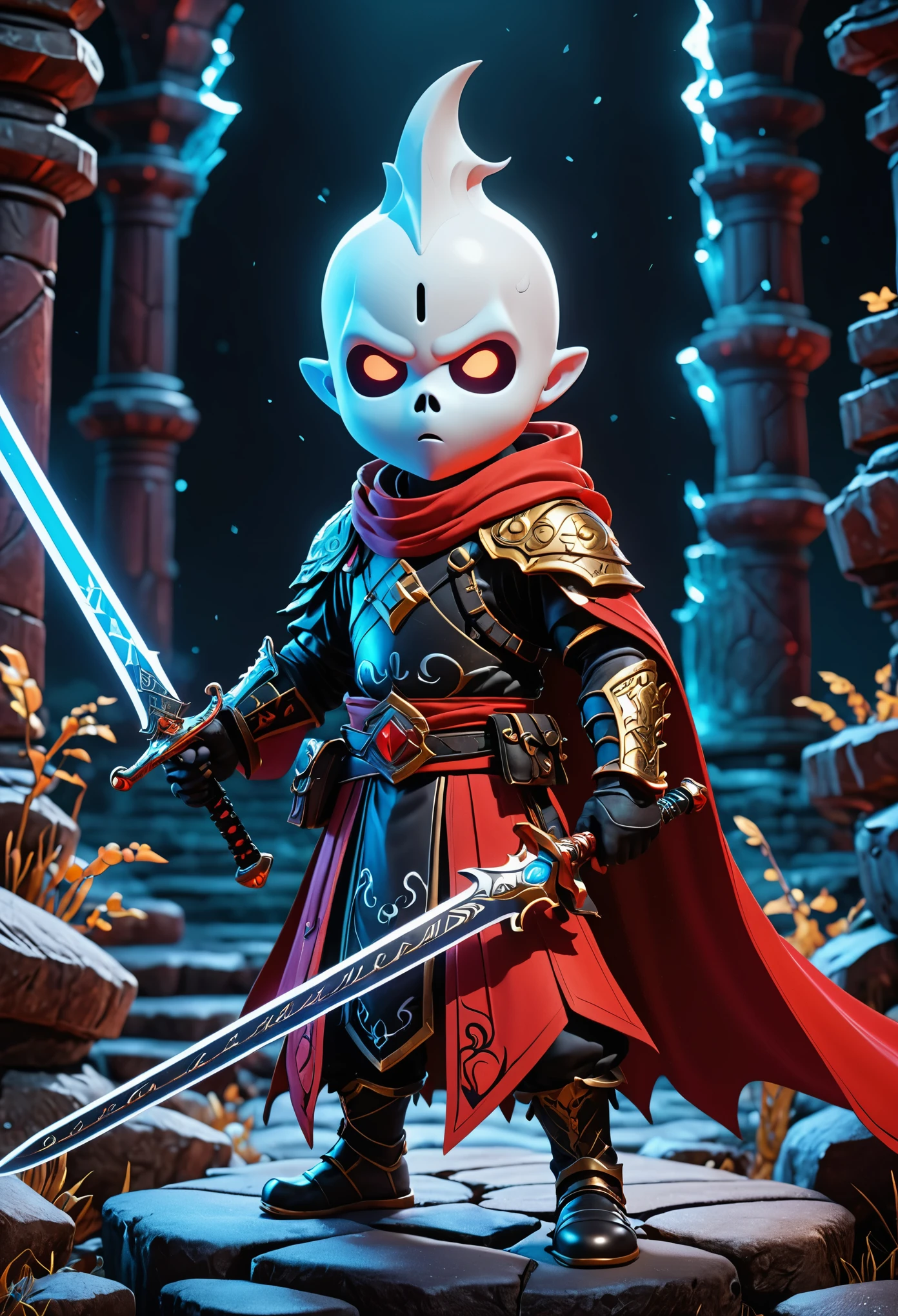 Ghost Swordsman,Dream colors,Best quality,UHD,HDR,high resolution,unreal engine 5,ultra-detailed,hyper realistic,depth of field,symmetrical composition,full body,low saturation,3D rendering,red and black tone,Skottie Young,Blacklight,Ice kingdom