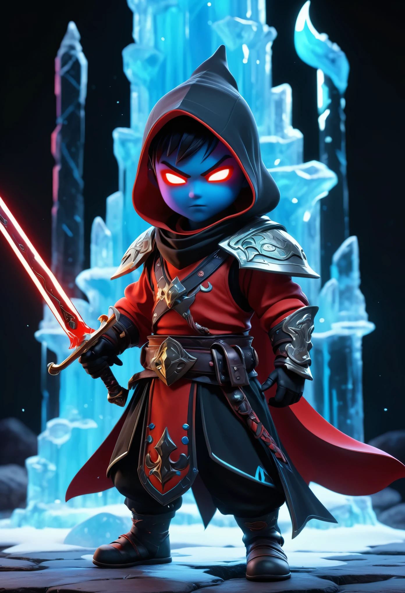 Ghost Swordsman,Dream colors,Best quality,UHD,HDR,high resolution,unreal engine 5,ultra-detailed,hyper realistic,depth of field,symmetrical composition,full body,low saturation,3D rendering,red and black tone,Skottie Young,Blacklight,Ice kingdom