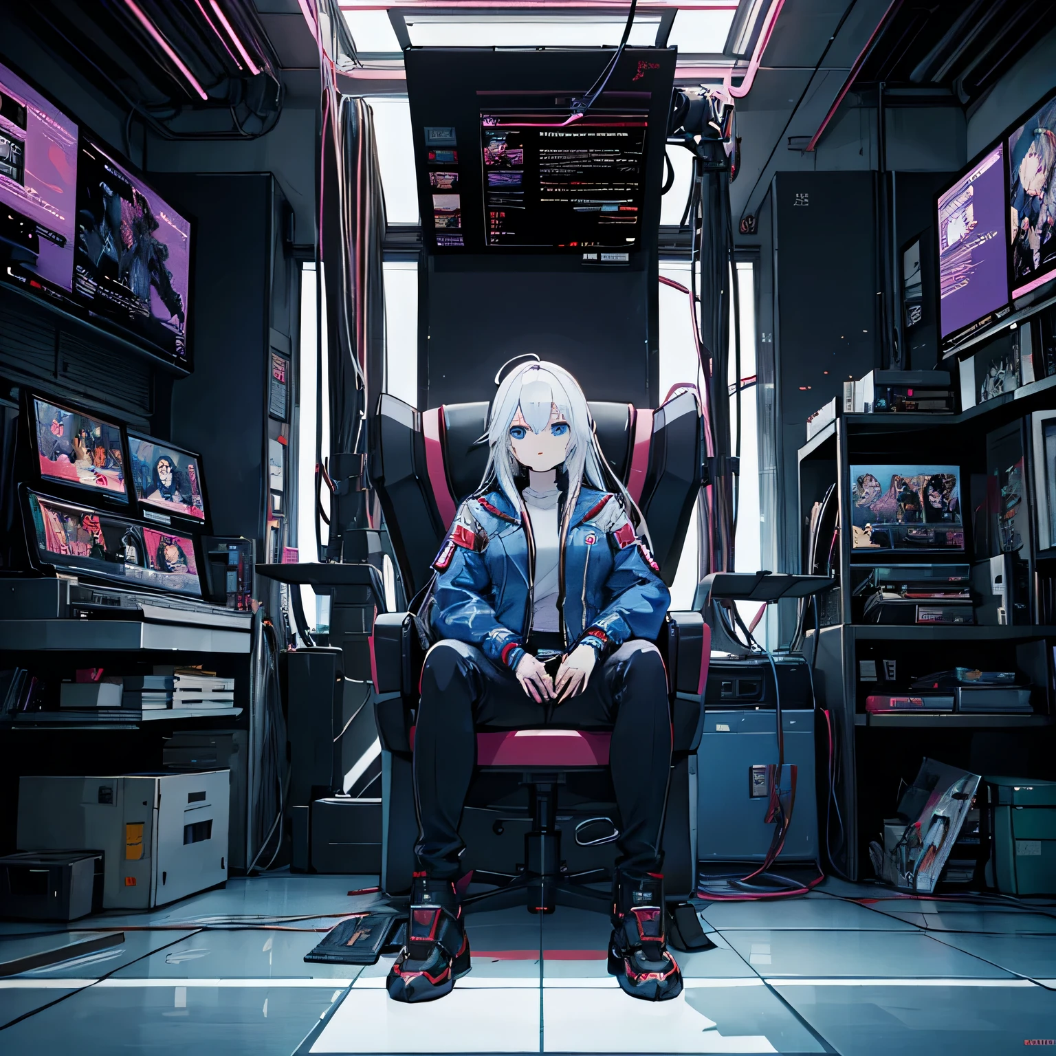 A cartoon character sitting on a chair in a room filled with electronic devices, digital Cyberpunk anime art, Best Anime 4K Konachan Wallpaper, Digital Cyberpunk - Anime Art, Modern cyberpunk anime, Aesthetics of Anime Mecha, Cyberpunk anime art, Anime Cyberpunk art, Anime Cyberpunk, Cyberpunk Anime Boy Mecha, digital cyberpunk anime!!, modern science fiction anime, 4k anime wallpaper,Perfect Face,Beautiful Face,Long Hair
