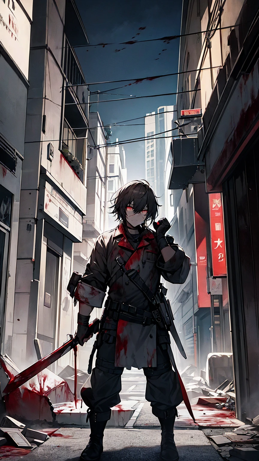 blood,(blood on clothes:1.4),(blood on face:1.2),injury,multiple boys,multiple girl,1other,building,holding weapon,night,outdoors,standing,alley,power lines,road sign,male focus,lamppost,street,fighting_stance,fleeing,fighting,flustered,scared,crazy,dark,absurdres,dim light,(disaster:1.2),(rubble_ruins:1.2),zombie