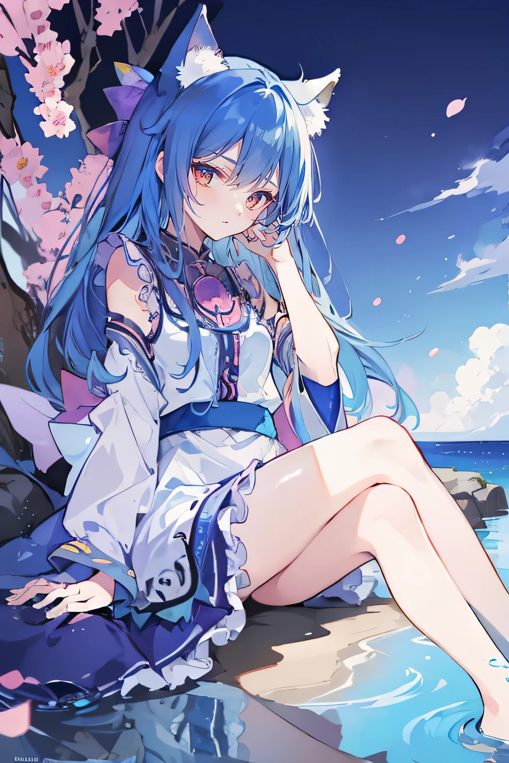 (masterpiece:1.2),ultra-detailed,realistic,expressive eyes,fair-skinned,perfectly shaped face,1girl,
Japanese cartoons,Gorgeous blue hair, flowing blue hair,floating clothes,cat ears,petals falling,beautiful Lola,Hina Angel,
hands on waist,gracefully sitting on the ground,legs crossed,gentle and serene background,cool and comfortable pavilion.