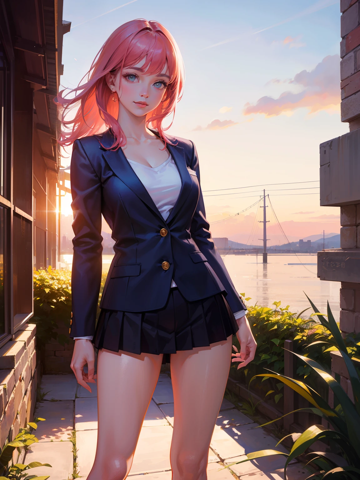 (masterpiece:1.2, highest quality), (realistic, photorealistic:1.4), beautiful illustrations, (natural side lighting, movie lighting), Depth of written boundary,
looking at the viewer,Front view, 1 girl, English, OL, 30 years old, suit、Jacket、perfect face, Cute symmetrical face, shiny skin,
pink hair、Big eyes, droopy eyes, long eyelashes chest), thin, beautiful thighs、Tall beautiful hair, beautiful face, fine and beautiful eyes, beautiful clavicle, beautiful body, beautiful breasts, beautiful thighs, beautiful feet, beautiful fingers,
((fine fabric texture)),
(beautiful scenery), (school background), Are standing, (smile),