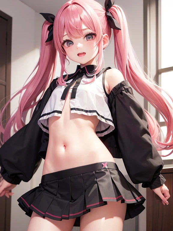 highest quality、In a dark room、bedroom、10th Generation、One girl、Pink Hair、Twin tails、bangs、Confused eyes、Double teeth、Black clotheoe sleeves、Exposing shoulders、Belly button、Black Mini Skirt、Black tights、pantyhose