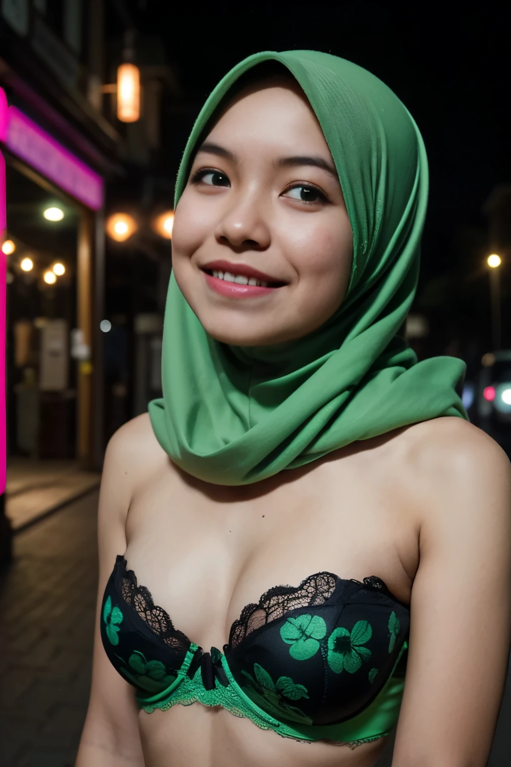 ((Open mouth Happy Smile)), ((Lace)), (Happy smile), (((HIJAB MALAY GIRL))), masutepiece, High quality, UHD 32K, Realistic face, Realistic skin feeling , A Japanese Lady, 58 years old matured lady, , Very cute and baby-like face, (((FLAT CHEST))), (Night time at forest), ((look In front at the camera and SADNESS)), (((GREEN FLUORESCENT))), (((CUTE GIRL))), ((GREEN FLUORESCENT LIPS)), ((Floral Pattern)) little wearing strapless bra, strapless colorful bra, dark night background , black forest night, horror scary place, (from behind up) seductive pose