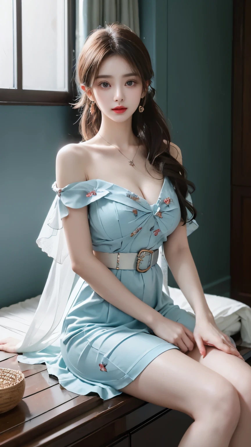Printed dress, Off-shoulder, deep in wonderland,The moonlight falls like water,foggy room,The heroine's figure is vaguely visible,Like a fairy in a painting,Slender sexy legs,Very beautiful legs,Exposes a sexy,Large Breasts,美丽而又带着一丝mystery的色彩。Her face is beautiful and delicate,Like a finely carved jade,Showing extraordinary beauty。Eyebrows like paintings,The waves in my eyes are like twinkling stars,Show the light of perseverance and wisdom。The bridge of the nose is straight,Cherry lip color,The slightly upturned corners of the mouth reveal confidence and calmness。her face is chiseled,Skin as fair as jade,Reveal healthy glow,like a fairy, She never eats fireworks in this world。Her makeup is light and delicate,No excessive embellishment,But it is enough to show her temperament and charm。Light foundation highlights the translucence of the skin,A light eyebrow pencil outlines her perfect eyebrow shape,Eye makeup is eye shadow and eyeliner,Make her eyes brighter and more energetic。嘴唇涂上grace的口红,Add a touch of charm and sophistication。她的衣服grace别致,Clothes fluttering,As if the wind will blow it up at any time,Drifting away。既不失grace,Also showed off her extraordinary skills。A wide belt tied around the waist,There is a crystal clear jade pendant hanging on it.,Swaying with her movements。Her hair was tied back casually.,Secure it with hostas,A few strands of hair flutter gently in the wind,Adds a bit of softness。Her figure looms in the fairyland,宛如一道Large Breasts美丽的风景线,Attracted everyone's concern。She seems like a fairy in wonderland,Large Breasts美丽、grace、mystery、And full of power。