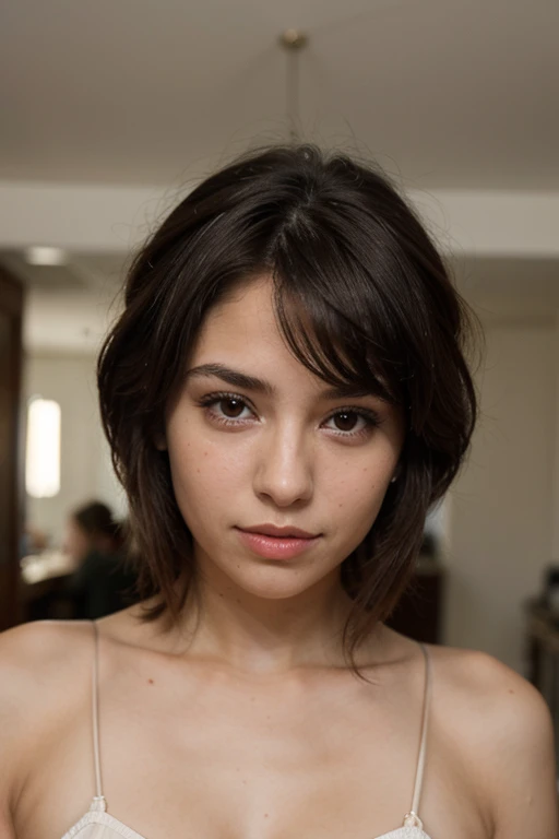 photography of a 17yo woman, Black, straight, short bob haircut with bangs partially covering the forehead, Full, well-defined lips with a natural and slightly glossy appearance, expressive black eyes with thick, well-groomed eyebrows framing the face, A slim face with prominent features,
Large, well-aligned teeth.