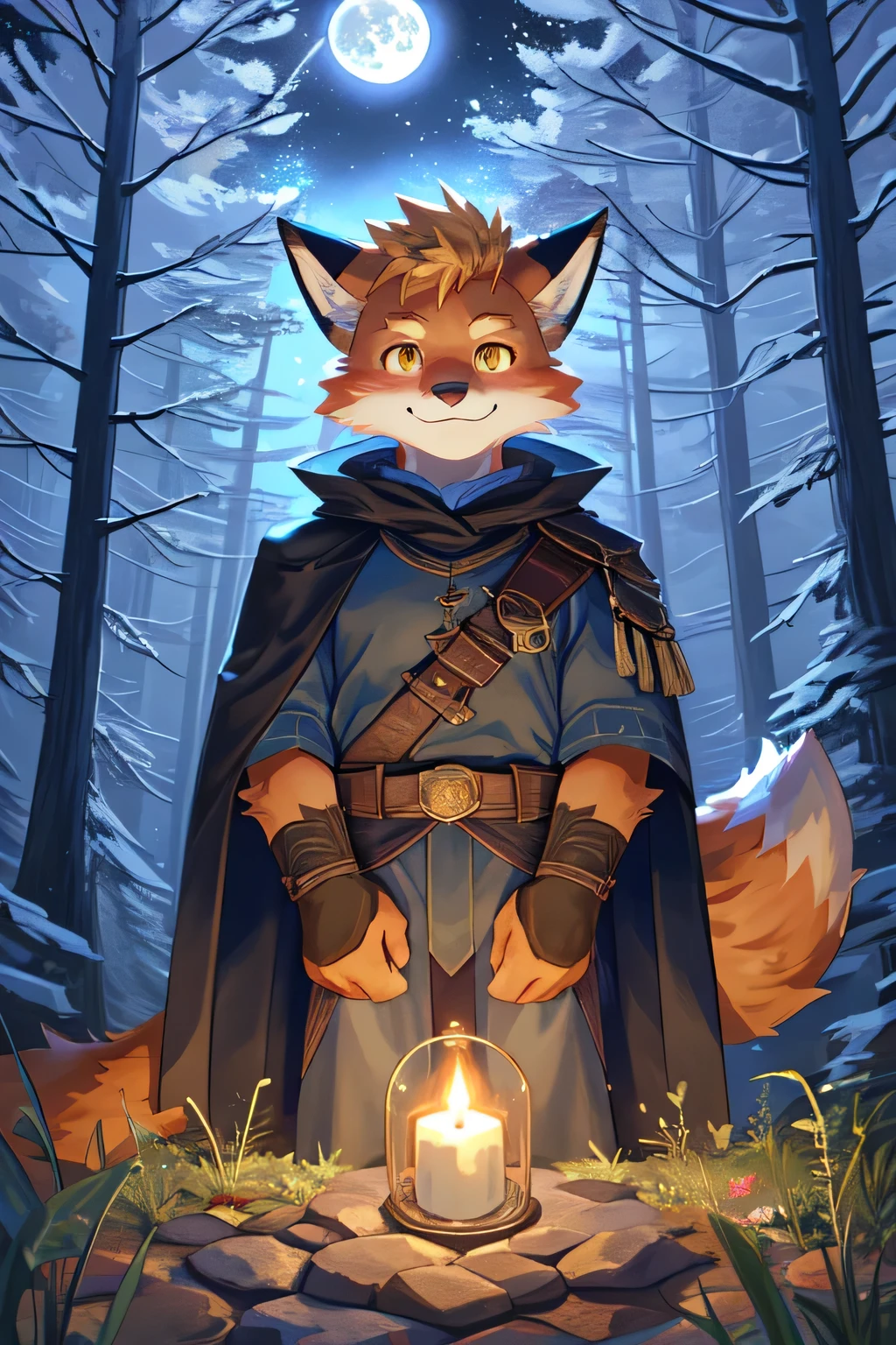 ((best quality)), ((masterpiece)), (detailed),((Orcs)),(Pure white fur all over),(fox),Black cape,Night,forest,Lurking,Lightly armed,Holding a dagger，(cute),((male)),humanoid,((furry)),(young),(vitality),(youth),(Cute face),(charming),(Color),(personification),(gentle),Smiling Men,(handsome)