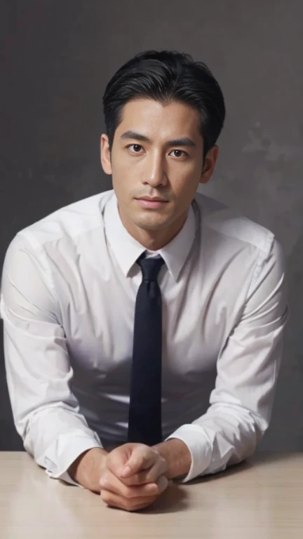 (high resolution:1.2, ultra-detailed, realistic:1.37), (CG Unity 8K wallpaper, computer generated, digitally created), (comfortable, relaxed)(gray background,), a 35-year-old man living in Japan, works as a civil servant in the city hall, has a sporty hairstyle, black hair, narrow facial features, sparse eyebrows, piercing eyes, high and slender nose, thin lips, slim body, wearing a shirt and tie, leaves an impressive impression.