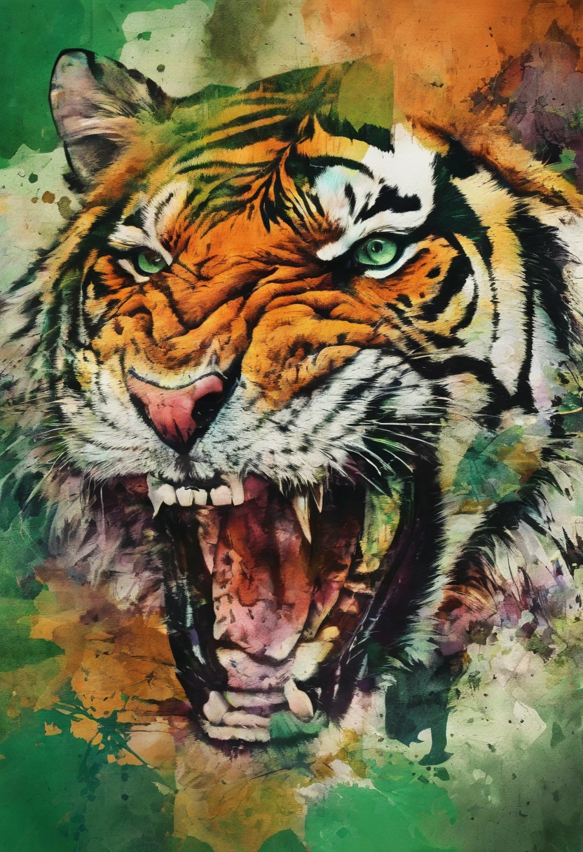 Angry aggressive tiger, regard cinglant, posture attaque, green forest background ::2 colorful ink painting ::2 art fantasy
