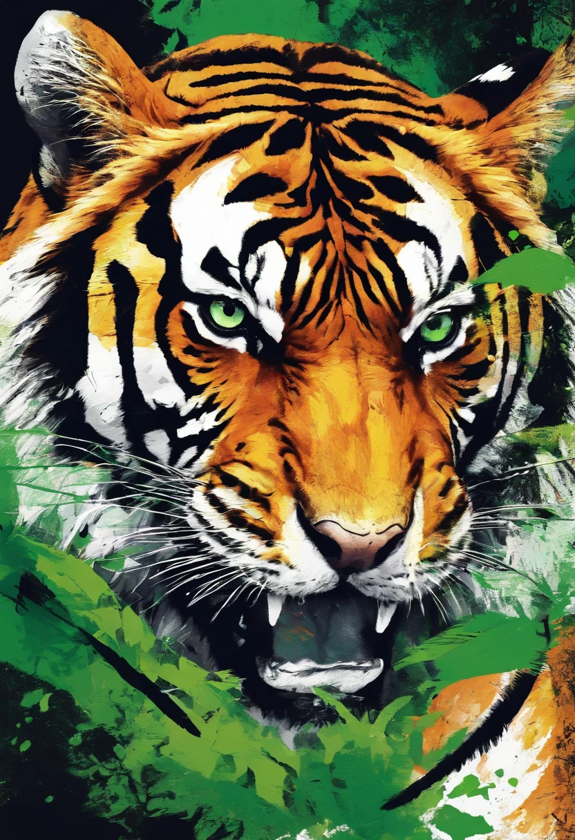 Angry aggressive tiger, regard cinglant, posture attaque, green forest background ::2 colorful ink painting ::2 art fantasy