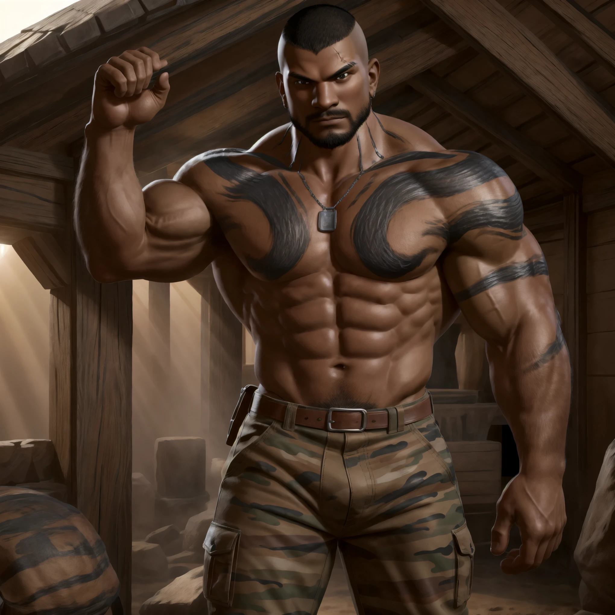 (masterpiece, best quality:1.2), A dark skin muscular soldier, solo, (cowboy shot), inside desert camouflage colored tent, (standing at attention), brunette hair, (buzz cut hair), powerful pecs, huge biceps, pectoral, huge pectoral, wide pectoral, six pack abs, camouflage pants, (dog tags), boots, topless male, beefy, dark-skinned male, dark skin, shoulder tattoo, chest tattoo, manly, muscular male, the expression is particularly happy, the expression of excitement, the euphoria is a close-up, the lens mainly features the upper body, high quality, 4K, 8K, resolution, (bara pecs:1.3), ((day light, god rays):1.2), (bulge:0.4) | high details, ultra-realistic, octan light, 32k, | high resolution, photo-realistic, ultra clear, bokeh, high detail iconic character, highly detailed character, | 