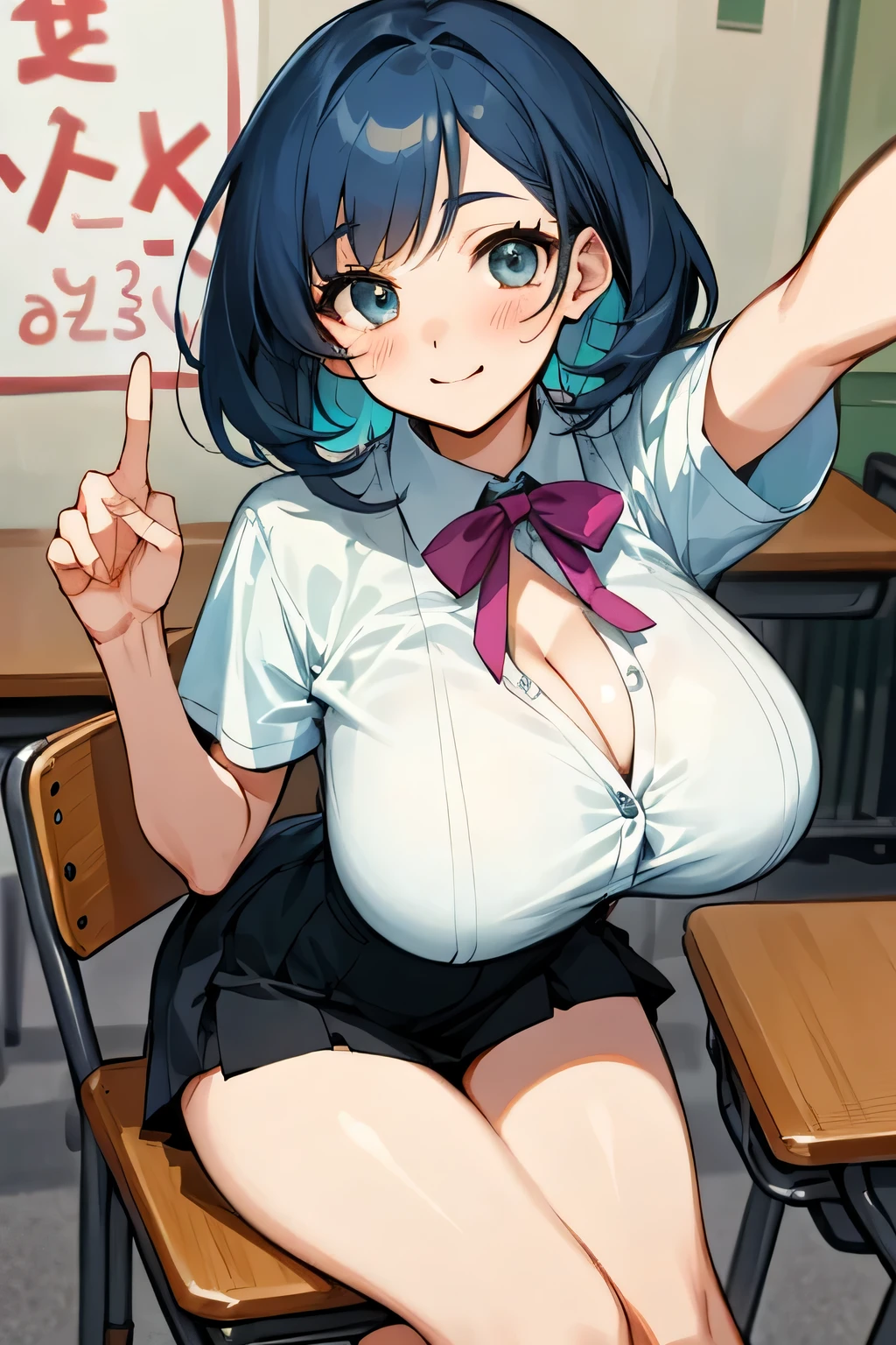 (highest quality:1.4)、(High resolution)、Detailed Background、(Beautiful face in every detail:1.4)、Anatomically correct、(Draw the usual number of fingers:1.2)、(Detailed facial expressions)、Beautiful, smooth skin、 Girl、(Huge breasts:1.4)、cute hair color、cute hairstyle、Realistic、Perfect body line、sitting on a chair in the classroom、Accentuate your breasts、Accentuate your cleavage、Show off your attractive armpits、Attractive big ass、attractive thick thighs、Absolute area、Charming atmosphere、Excited、Blushing、My shirt is about to be buttoned off.、The buttons on my shirt are so pulled they're about to come off、looking at me with a shy expression、Short sleeve shirt、Cowboy Shot、
(A beautiful girl with a short sleeve shirt that is so small that her breasts are about to spill out:1.5)、
Choose a short shirt blouse that is slightly smaller in length, such as pink or mint green.、
Pair it with a pleated or flared mini skirt.、
The tulle mini skirt is also cute.、Colorful ribbons、
Complete your look with Oxford shoes、cute