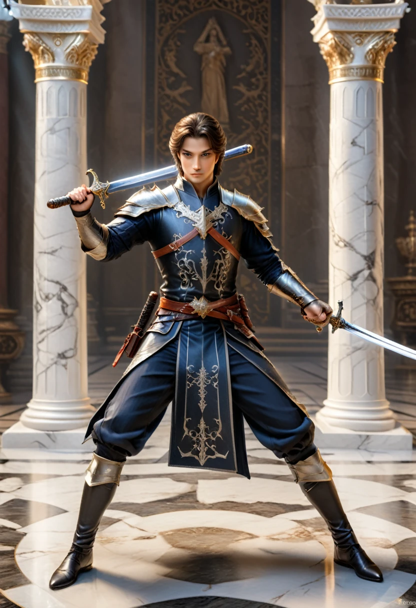 Sworasman, with sword, dynamic pose, Elegant, elegance, timeless elegance, casual elegance, sophisticated, delicate features, detailed background, (masterpiece, best quality, Professional, perfect composition, very aesthetic, absurdres, ultra-detailed, intricate details:1.3)