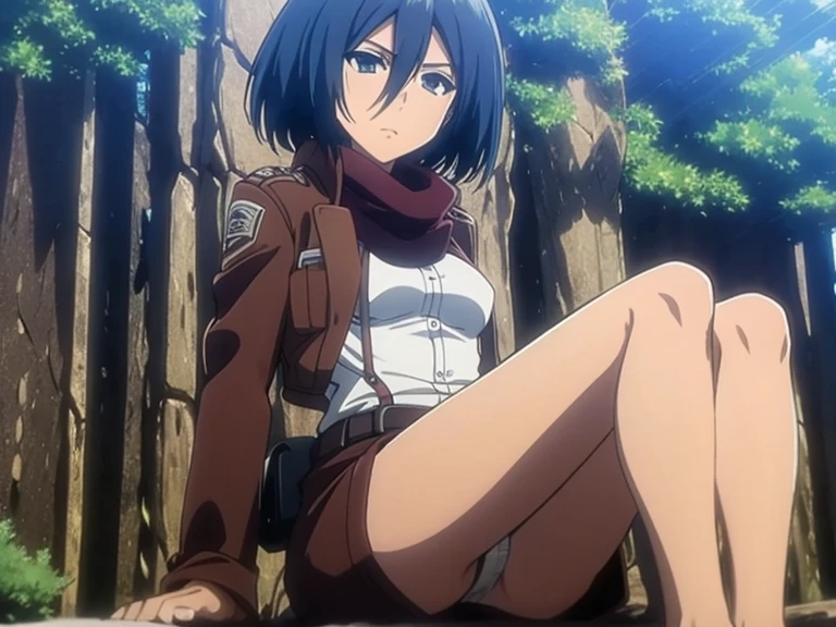 mikasa ackerman solo, bare legs and feet curled up beneath her, whole body shot, sexy posing, shirt and underwear, at the forest