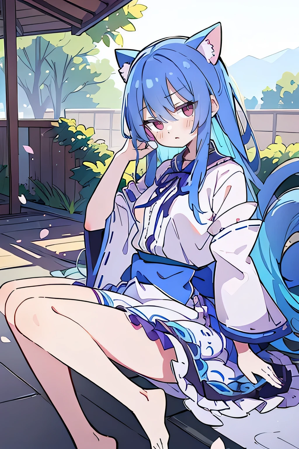 (masterpiece:1.2),Super detailed,Practical,expressive eyes,Fair skin,Perfect face shaping,1 Girl,
Japanese cartoons,Gorgeous blue hair, the long flowing blue hair,Floating clothes,Cat ears,Petals falling,beautiful lola,Young Angel,
Hands on waist,sit elegantly on the ground,Cross your legs,Gentle and peaceful background,Cool and cozy pavilion,Sunset,summer, swimsuit, wet clothes.