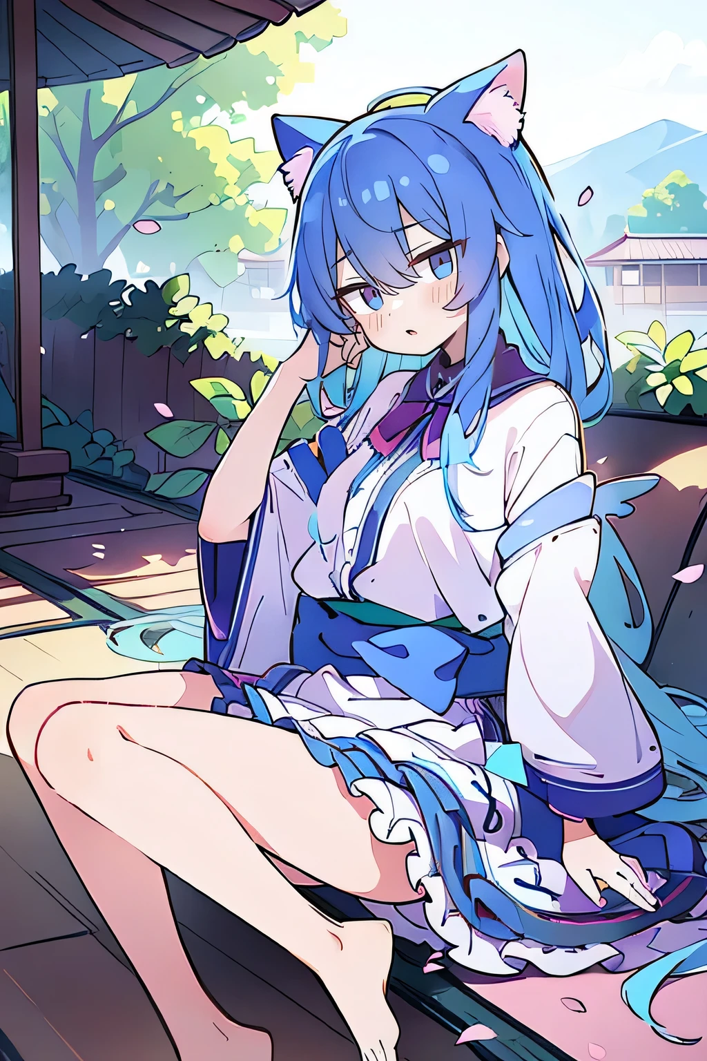 (masterpiece:1.2),ultra-detailed,realistic,expressive eyes,fair-skinned,perfectly shaped face,1girl,
Japanese cartoons,Gorgeous blue hair, flowing blue hair,floating clothes,cat ears,petals falling,beautiful Lola,Hina Angel,
hands on waist,gracefully sitting on the ground,legs crossed,gentle and serene background,cool and comfortable pavilion.