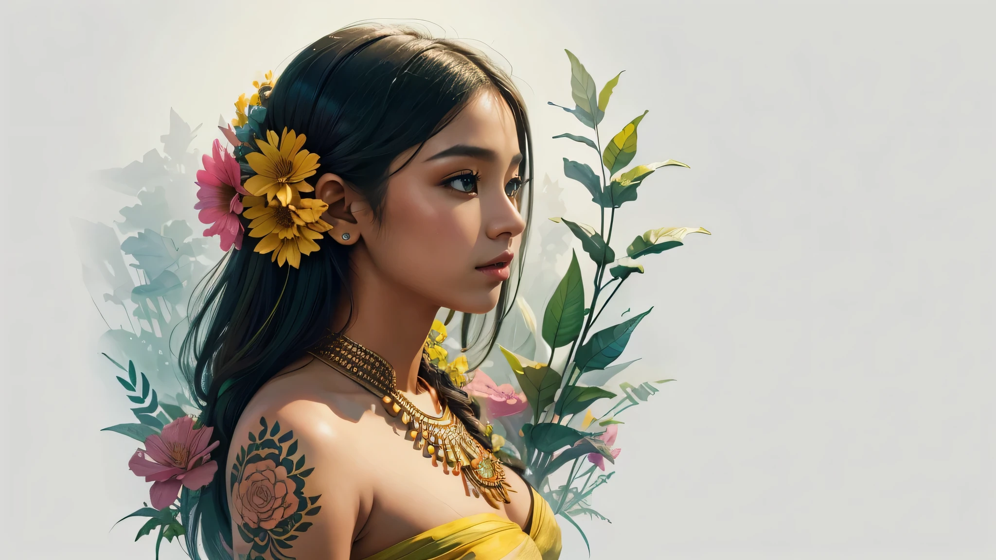 This photo shows、It combines the body of a breathtakingly beautiful East Indian girl with flowers and leaves.。, Bright colors, High resolution pen and ink sketches, Isometric projection, Hard Edge, high quality, minimalist art, Ultra-high resolution, 4K, 8k