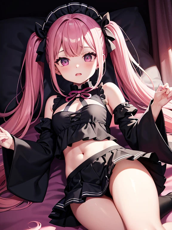 highest quality、In a dark room、bedroom、10th Generation、One girl、Pink Hair、Twin tails、bangs、Confused eyes、Double teeth、Black clotheoe sleeves、Exposing shoulders、Belly button、Black Mini Skirt