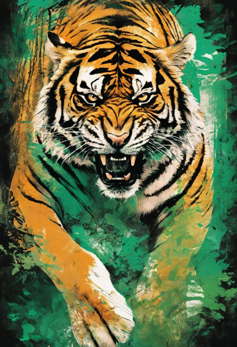 Angry aggressive tiger, regard cinglant, posture attaque bondissant sur sa proie, green forest background ::2 colorful ink painting ::2 art fantasy