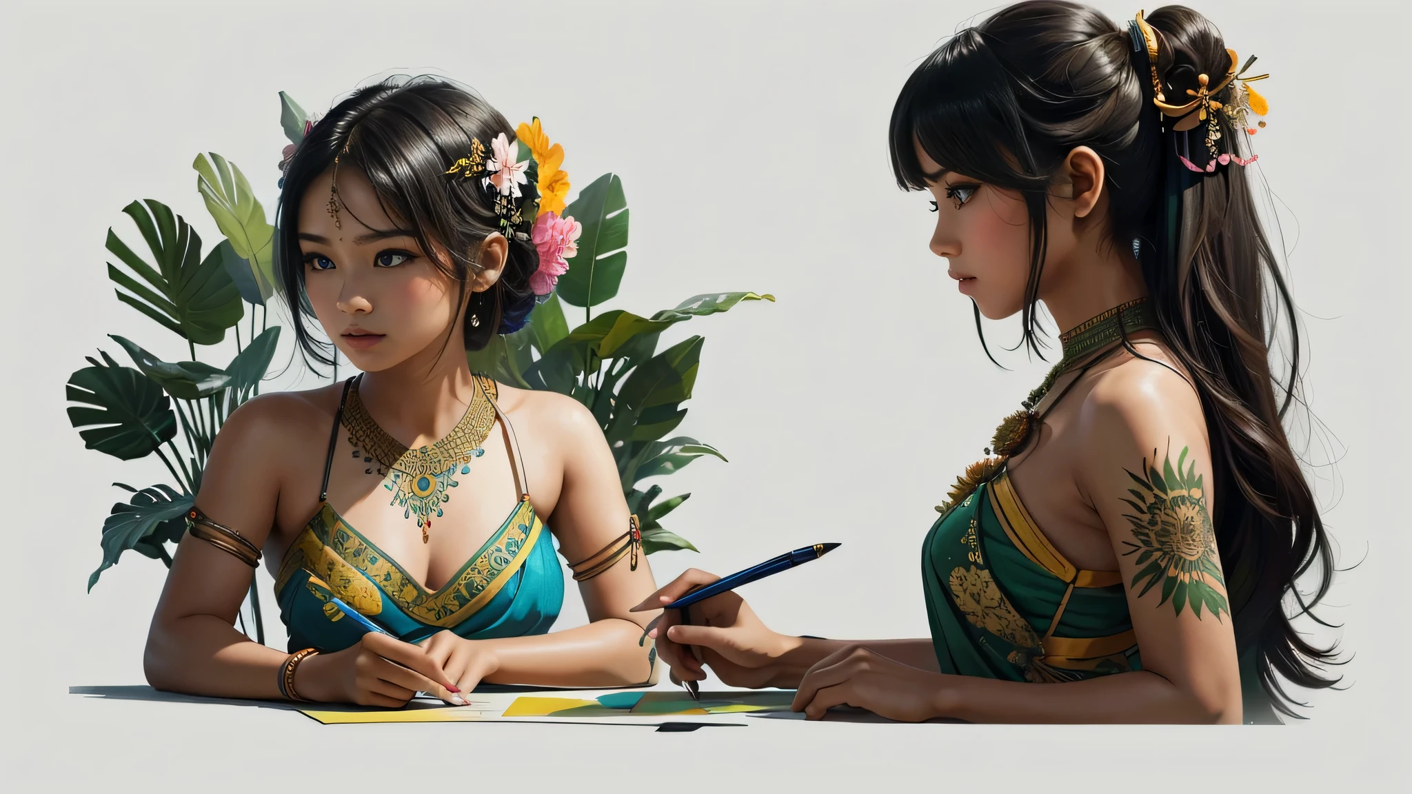 This photo shows、It combines the body of a breathtakingly beautiful East Indian girl with flowers and leaves.。, Bright colors, High resolution pen and ink sketches, Isometric projection, Hard Edge, high quality, minimalist art, Ultra-high resolution, 4K, 8k