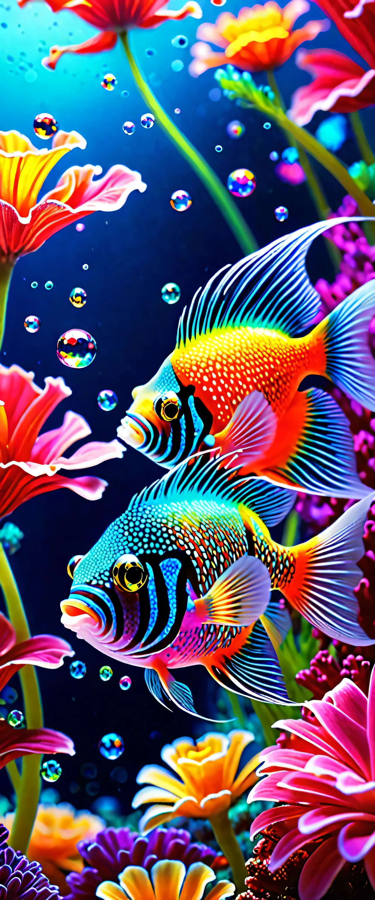 masterpiece,4k,Intricate details,Sharp focus,
Macro lens,Underwater scenery,Realistic aesthetics,Beautiful 3D 4K compositions,Colorful 3D crystals,Inspired by Daniel Merriam's microscopic photos on Flickr,Digital Artwork,Ray Tracing,Bright light refracts magical colorful flowers,Colorful crystals underwater,ethereal rainbow bubbles,Colorful crystals,Fantasy Mandelbrot flower,Colorful spotty fish。