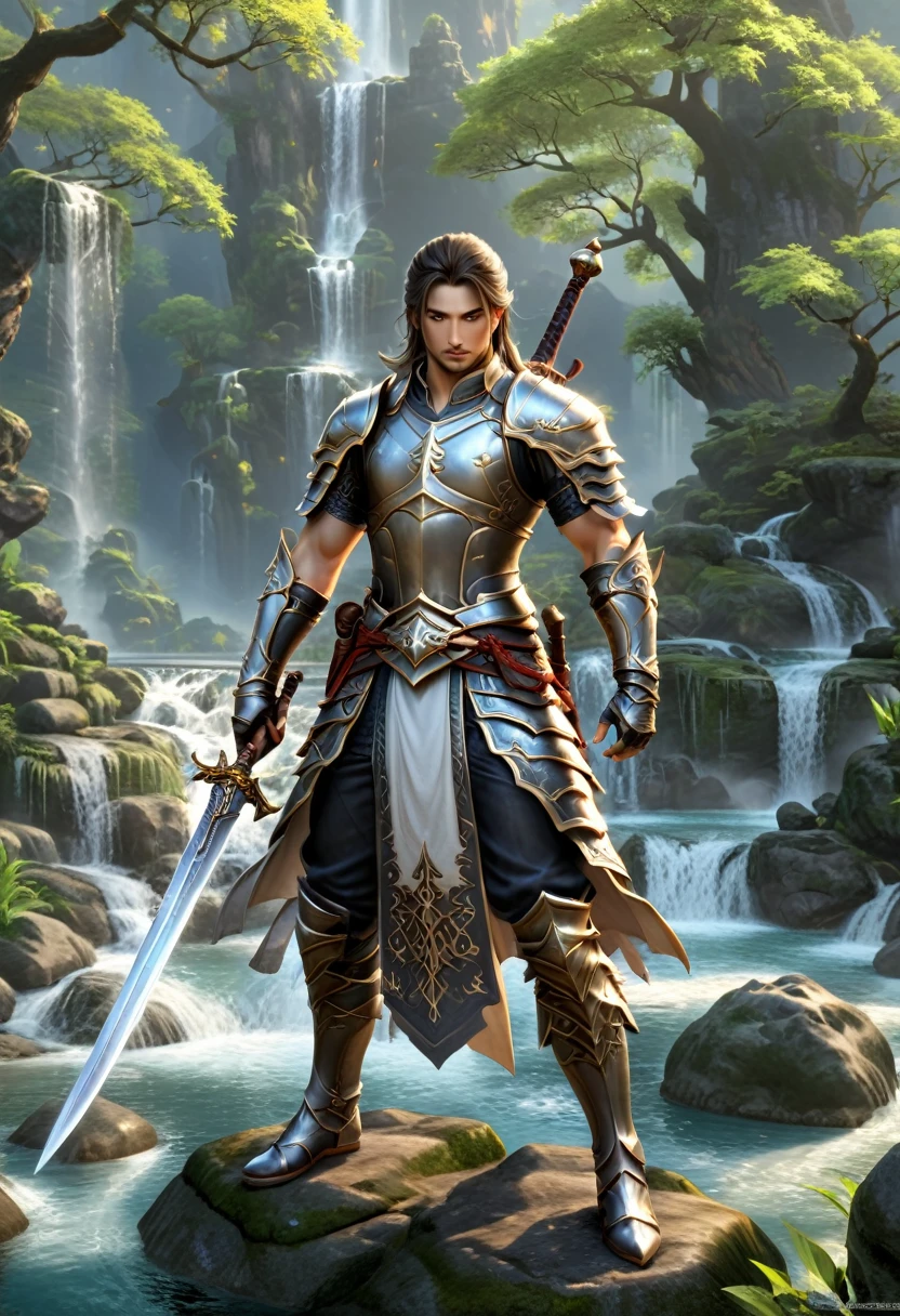 Sworasman, with sword, dynamic pose, serene, serene ambiance, serene atmosphere, tranquil ambiance, tranquil atmosphere, detailed background, (masterpiece, best quality, Professional, perfect composition, very aesthetic, absurdres, ultra-detailed, intricate details:1.3)
