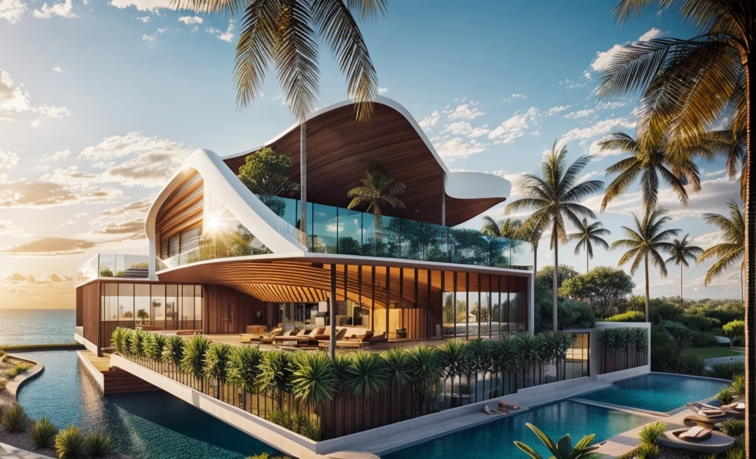 Day, stadium exterior, zaha hadid style, bionic form, curve form, metal and wood mix together, masterpicece, high quality, 8k uhd, tropical landscape