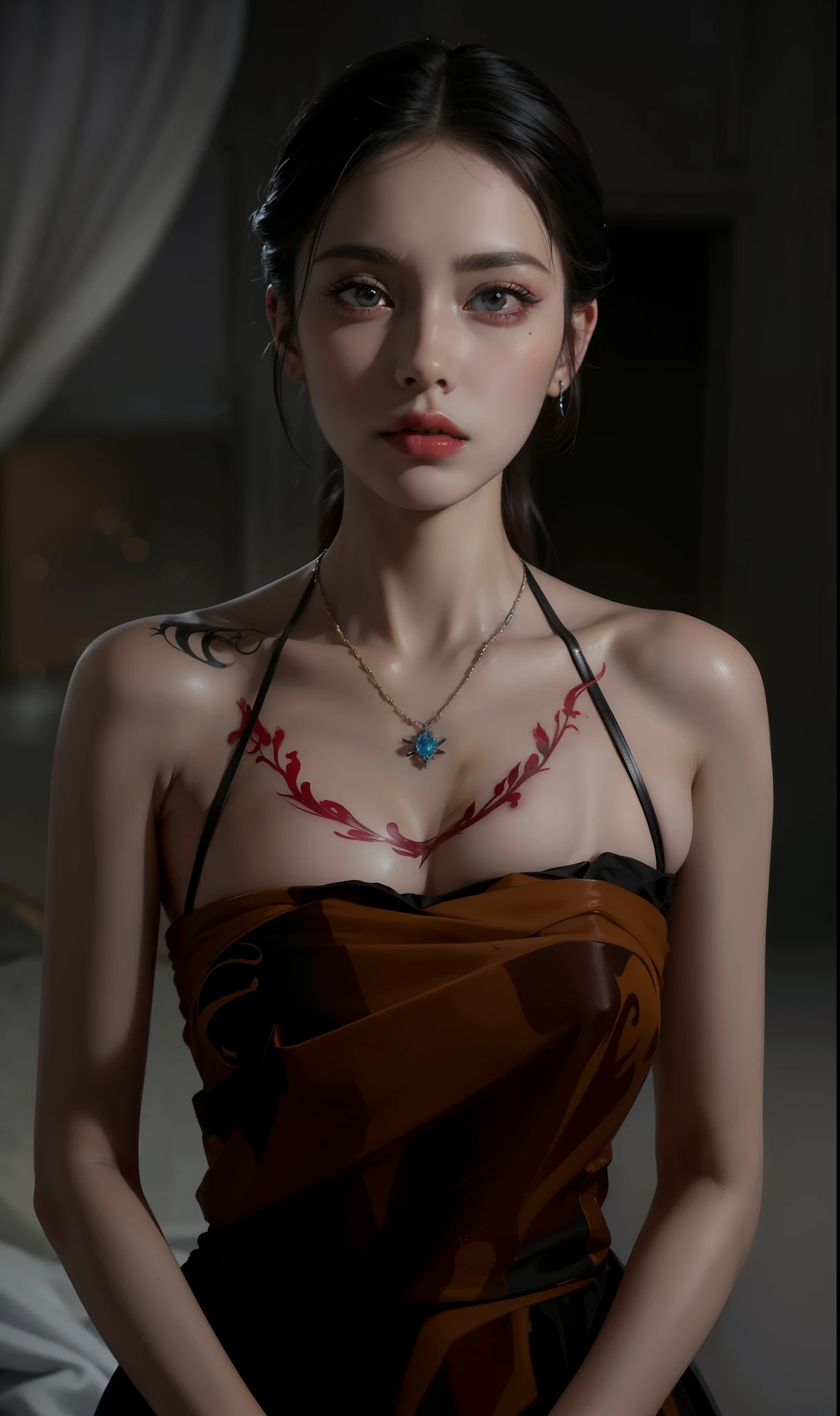 Royal princess，Ultra Detailed, Delicate face, movie stock photography , Portrait 400, F1 camera lens.6, Colorful, Surreal, Realistic textures, Dramatic Lighting, Film Distiller 800 (8k, original photo, better quality, masterpiece: 1.2), Ultra Detailed, (Extremely delicate skin: 1.2), 8k ultra high definition, SLR camera, Soft Light, high quality.Frozen queen，Succubus，Fallen Angel，Blue pupils，Apply red lipstick，Have a tattoo，The tattoo is very three-dimensional，Gorgeous and intricate tattoo designs，8k facial photos，Large breasts