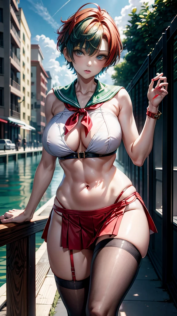 One woman, sailor suit, miniskirt, red ribbon, red pantyhose, short hair, blue hair, belly button exposed, large breasts, boyish, spiked hair, very short hair, green hair, two-tone hair color, female gaze