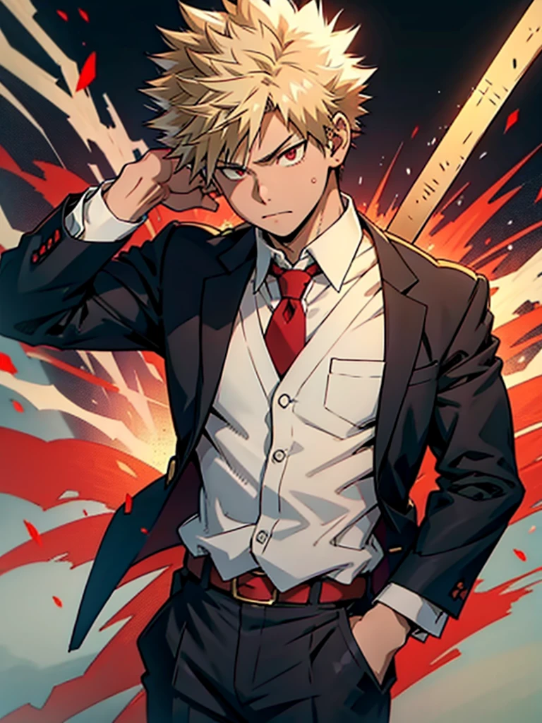 Rubio, ojos rojos, bakugo katsuki, boku no hero, Traje ajustado, corbata, sujetar corbata