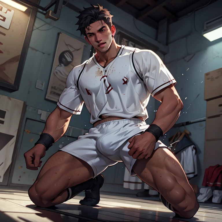 Libido boy，Tong，large bulge in white jocks, wet spots on codpiece, no clothes only white basketball socks，kneeling, buttocks towards us，first person perspective，spread your legs，8K, cinematic lighting effects，Textured leather，Best quality，Narrative images，Narrative images，dynamic blur，action pose，Viewing angle in height