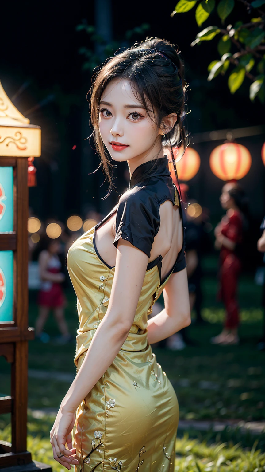 Cinematic lighting，(((masterpiece))), ((best quality)), ((intricate and detailed)), ((Ultra-realistic realism)), 4K, 1 beautiful woman, 17-years old, ponytail, Ultra-fine Chinese traditional dress, Ao dai, beautiful behavior, Beautiful brown eyes, perfect face, slender, large full breasts, silky smooth skin, depth of field, bokeh, having a good time, Graphic illustration, see fishes swimming, amazing depth, Cutest, a summer festival, (The background is the summer festival of the shrine:1.4), Silver hair, split ponytail, star-shaped pupils, conceptual art, Art Nouveau, Glowing light, nsfw, Textured skin, masterpiece, Anatomically correct, Best Quality, 8K, A smile with the corners of the mouth raised
