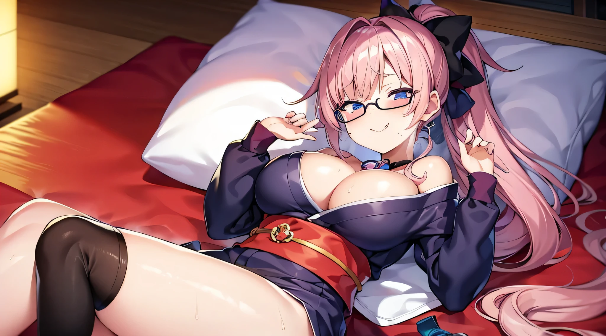 masterpiece、highest quality、1girl , solo , huge breasts、deep cleavage、light pink hair、ponytail、brightly colored eyes、blue eyes、black glasses、japanese green kimono、hakama、flashy necklace、charm、Wet、face turns red, very sweaty, dynamic pose、Lying on the futon、Headphones worn around the neck、flashy hair ornament、mesugaki、shrine