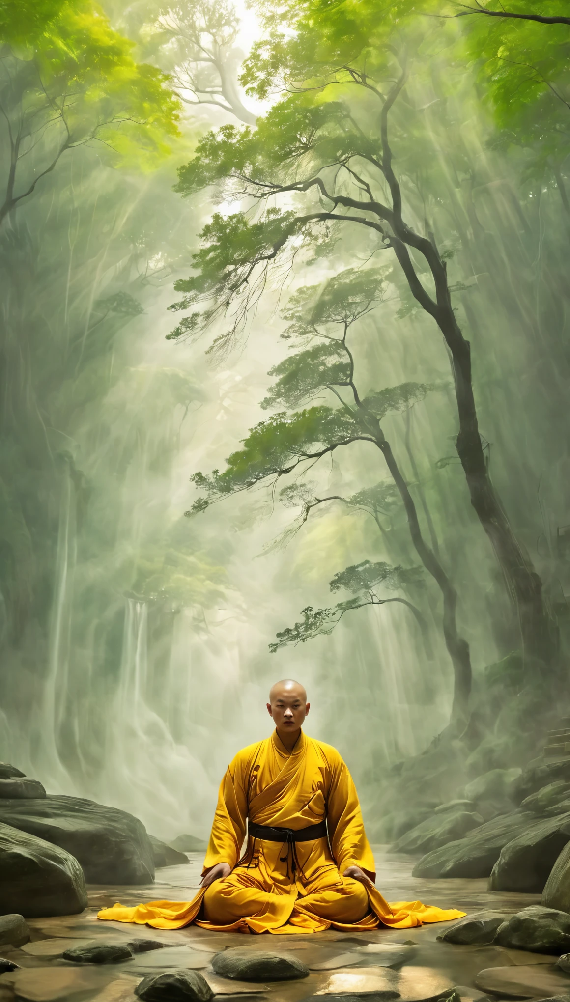 A Shaolin monk acting,
Qi explosion, spirit barrier, mystique energy, Prana streams, Yin yang balance,
volumetric fog,
bald, meadow,xianxia