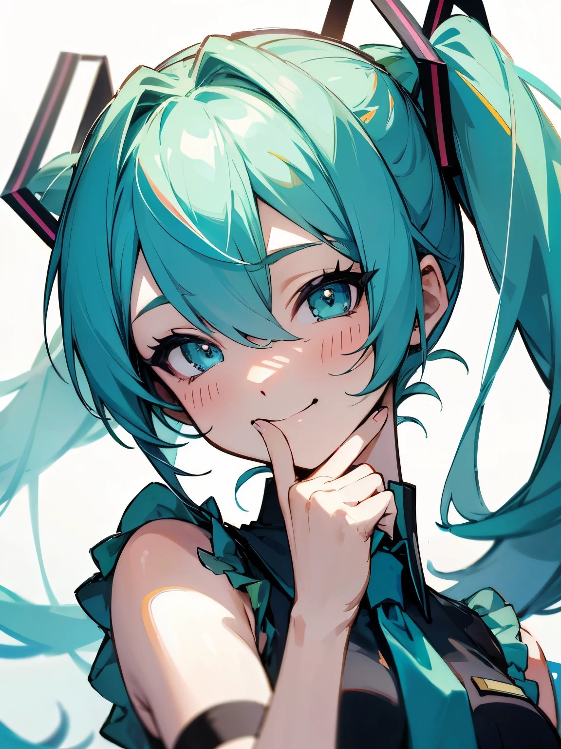 Miku Hatsune, selfie, happy expression, hand on chin, cinco dedos