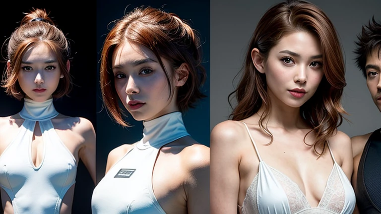 ((highest quality)), ((masterpiece)), ((Realistic)) 19 years old, Redhead girl, Shoulder-length hair, リラックスした幸せなface,((非常にdetailedな目)),Very detailed glowing eyes, ((thin)) ,Rubber bodysuit, ( White one piece swimsuit ) ((sexy )) ,Slender figure,textured pixie haircut (((detailedなキャラクターシート, Front view, ~ side面図, 3/4 Views))) (((cyber punkの背景))) Six and a half whole bodies,4K,UltraSharp,Multiple Views of the same character,Charterner v2, One girl, Slender figure, (Headphones),Brown Hair, Long Hair, Orange eyes, Same clothes, Concept Art, detailed_face, line_sketch, plan, Official Art, Official Alternative Costumes, Design style, multi style, detailed character, 4_~ side, original, 8K GC, massive detailed, Multiple Views of the same character, character, technical illustration, Multiple Views,masterpiece,highest quality(masterpiece, highest quality), 32k,(非常にdetailedな美しい女性), Poster,SF,Bauhaus, shape, Abstract,movie Poster, Vintage,Retro,Future Anime,The ultimate map,highlight,Headphones,Very detailed glowing eyes,Cleavage,Complex patterns,Stylish hairstyle,fluorescence((White clothes)),cyber punk
