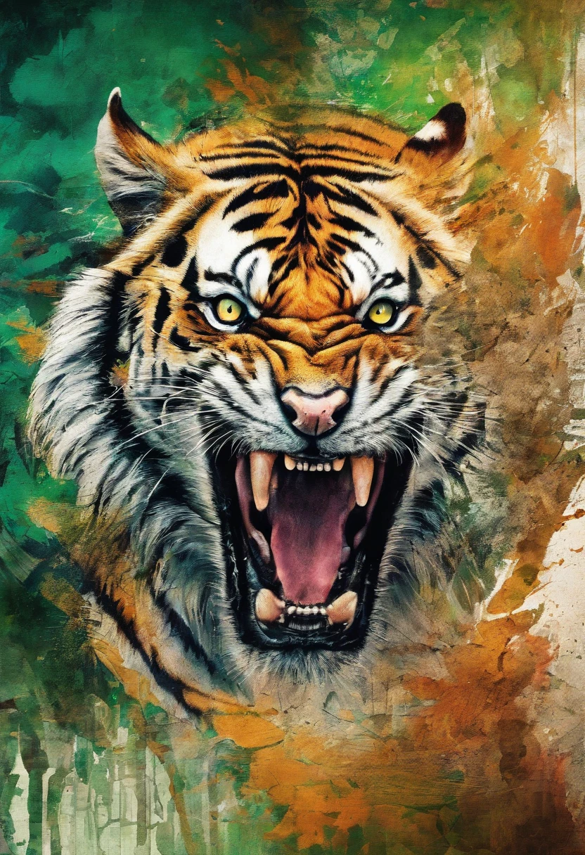 Angry aggressive tiger, regard cinglant, posture attack lurking ready to pounce on its prey, green forest background ::2 colorful ink painting ::2 art fantasy