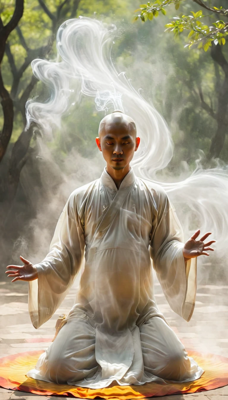 A Shaolin monk acting,
Qi explosion, spirit barrier, mystique energy, Prana streams, Yin yang balance,
volumetric fog,
bald, meadow,xianxia，stand