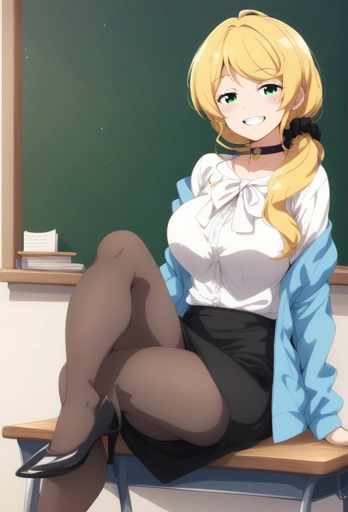 1 girl, Cowboy Shot,  Big Breasts, (classroom:1.4), (blackboard:1.1), smile, Open your mouth, 
Ellen_Bakery, Green Eyes, Blonde, Long Hair, Hair Scrunchie, Jacket, White shirt, skirt, score_9, score_8_Excellent, score_7_Excellent, Break Source_anime, evaluation_Explicit, highest quality, masterpiece, No fixes, alone,masterpiece,highest quality,High resolution,Very detailed,,middle part,Black Pantyhose,High heels,Love Hotel,bench,Sitting,valley of,  Leg Focus, Wicked Smile, Grin, choker, jewelry, , seductive pose, , , smile, Blushing（（（High heels, ）））(Narrowed eyes:1.2), (Half:1.3)（Expressionless eyes）（Eyes without highlights:1.4」, , (邪悪なsmile: 1.3),  （High heels:1.8)choker, cute, , glow effect, Finely grained, Grin, 大きなsmile, Detailed face, View your viewers, Smiling at the audience, office,, Diagonal view,(Crossing your legs:1.4）