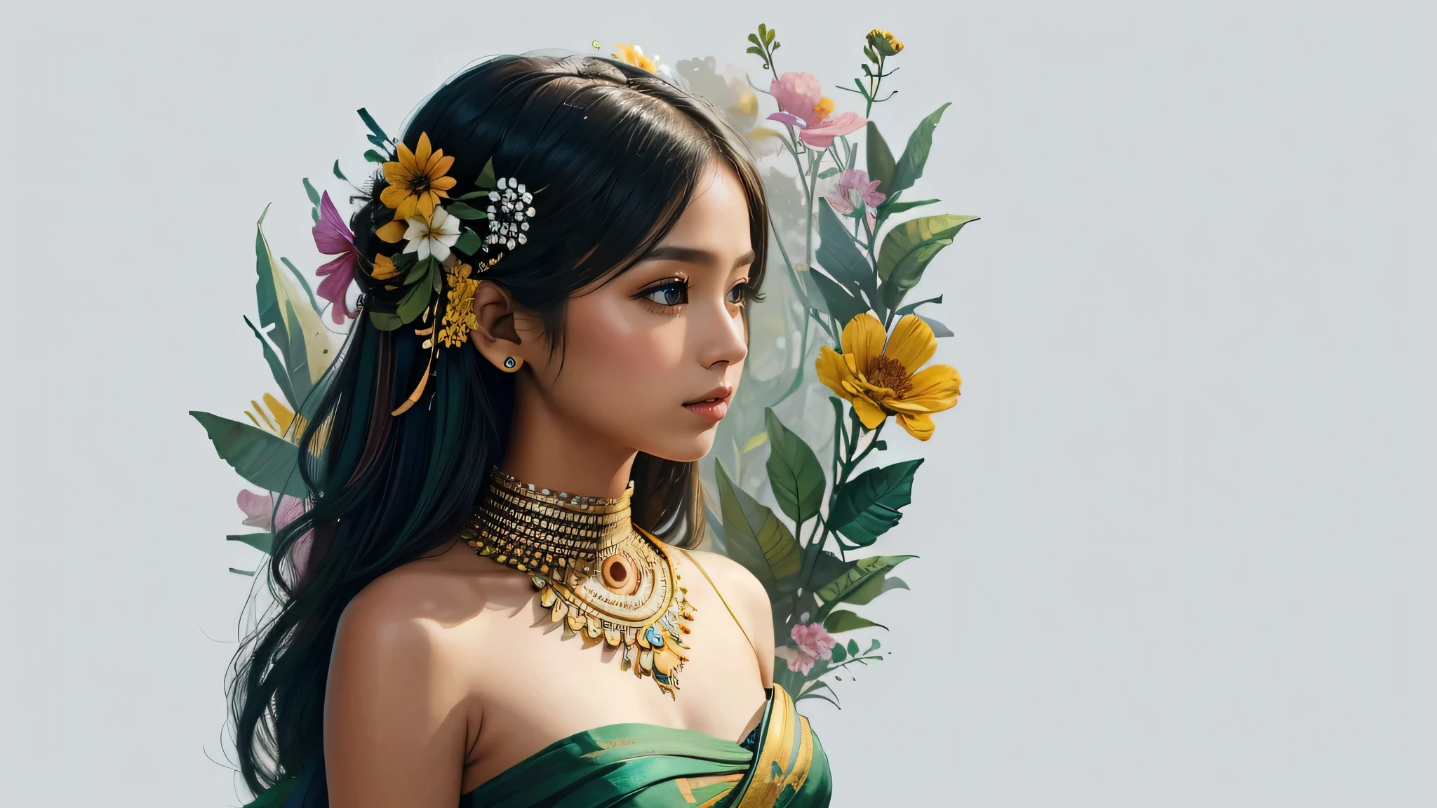 This photo shows、It combines the body of a breathtakingly beautiful East Indian girl with flowers and leaves.。, Bright colors, High resolution pen and ink sketches, Isometric projection, Hard Edge, high quality, minimalist art, Ultra-high resolution, 4K, 8k、Watching the audience