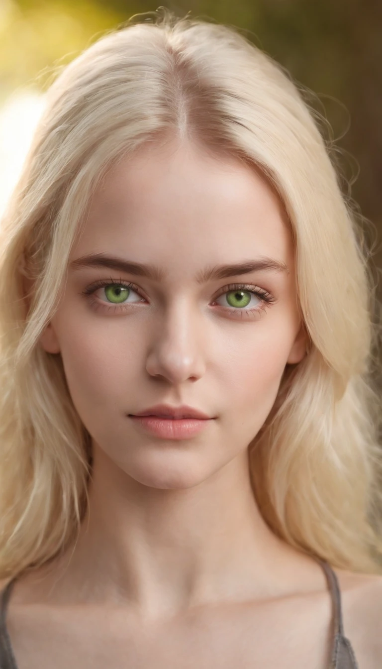 A realistic photo shot of a head face , 19 year old girl who has light yellow hair and bright green eyes. Her look could, should be a beauty of sudan Actress.