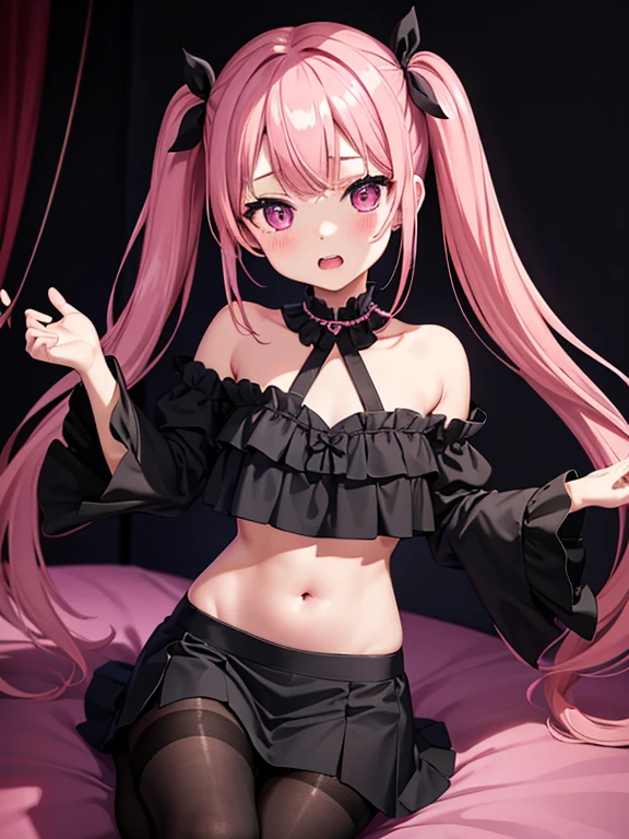 highest quality、In a dark room、bedroom、10th Generation、One girl、Pink Hair、Twin tails、bangs、Confused eyes、Double teeth、Black clotheoe sleeves、Exposing shoulders、Belly button、Black Mini Skirt、Black Pantyhose