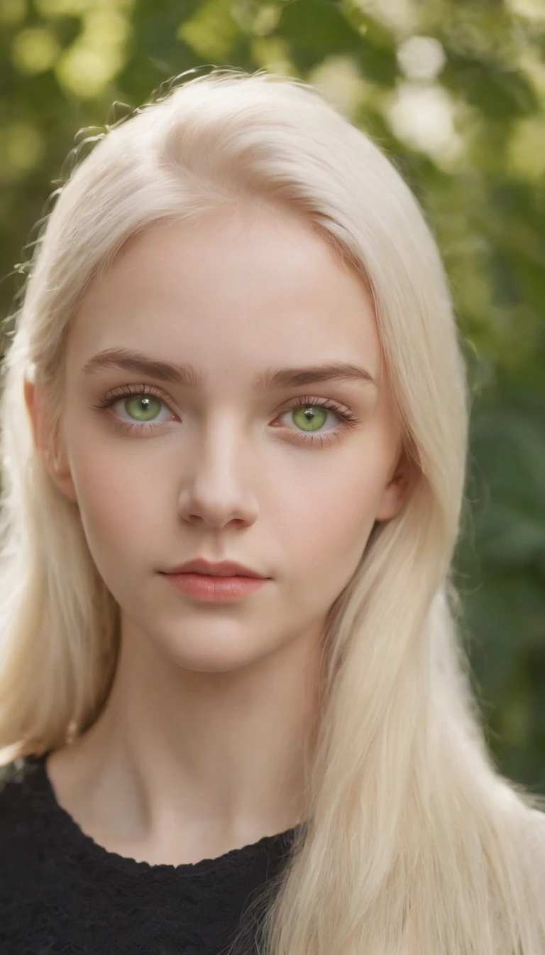 A realistic photo shot of a head face , 19 year old girl who has light yellow hair and bright green eyes. Her look could, should be a beauty of Etheopian Actress.