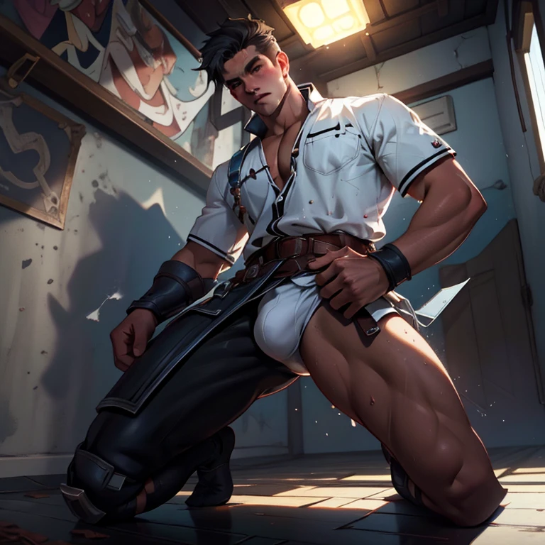 Libido boy，Tong，large bulge in white jocks, wet spots on codpiece, naked, only white socks，kneeling, buttocks towards us，first person perspective，spread your legs，8K, cinematic lighting effects，Textured leather，Best quality，Narrative images，Narrative images，dynamic blur，action pose，Viewing angle in height